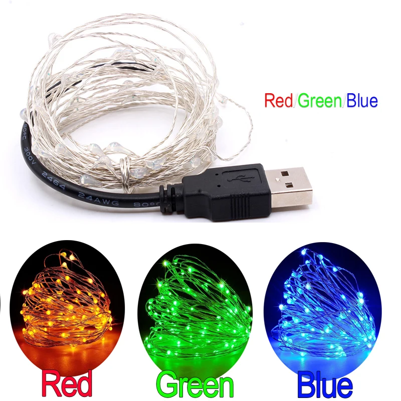 2 м/5 м/10 м медная серебряная проволока USB СВЕТОДИОДНАЯ Гирлянда праздничное