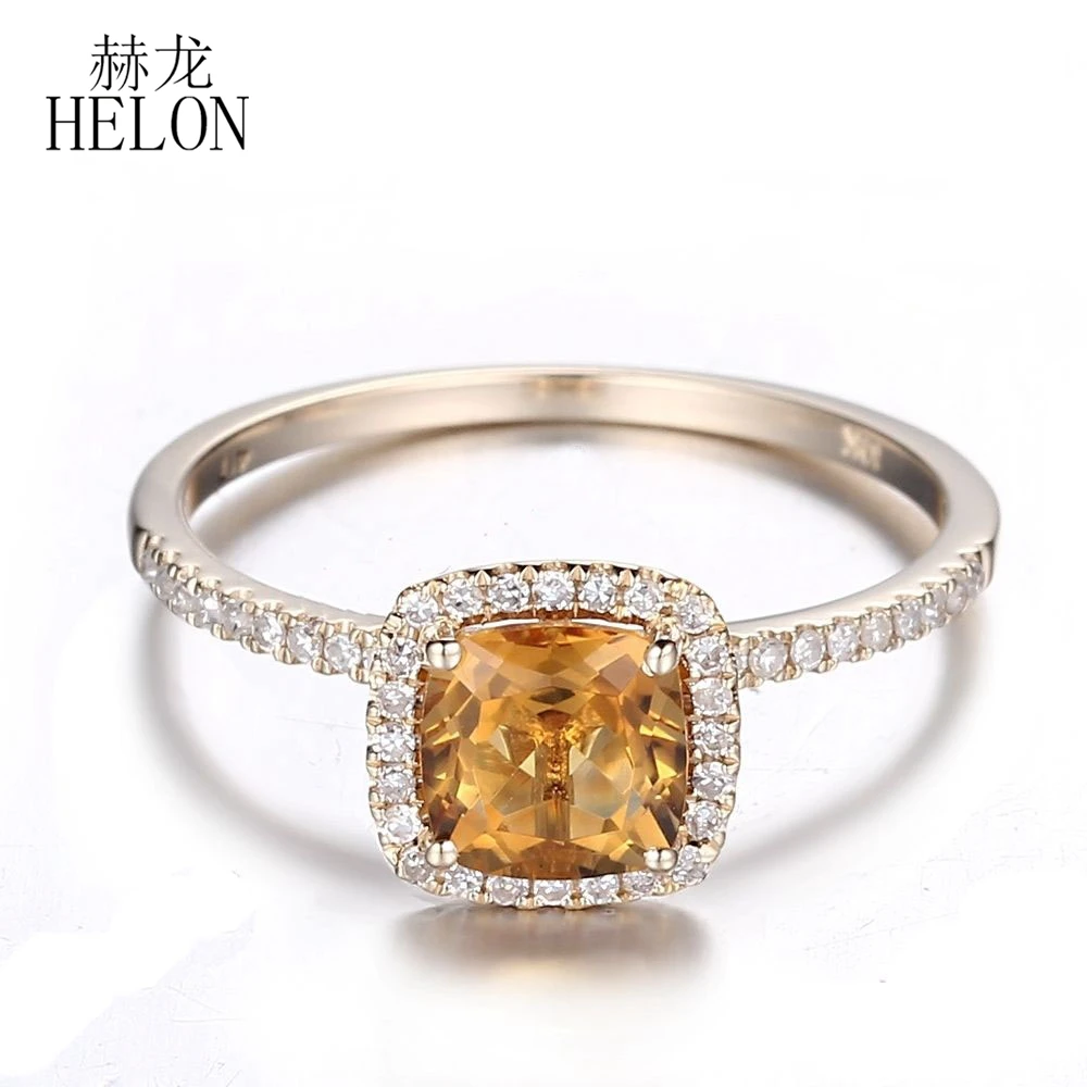 

HELON Solid 10K Yellow Gold Flawless Cushion 6x6mm Genuine Natural Citrine 0.2ct Diamonds Engagement Wedding Trendy Jewelry Ring