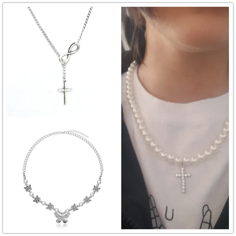 

Vintage Pearl Necklace Crystal Cross Rhinestone Pendant Simply Pearl Beads Cross Chokers Necklaces Women Fashion Jewelry