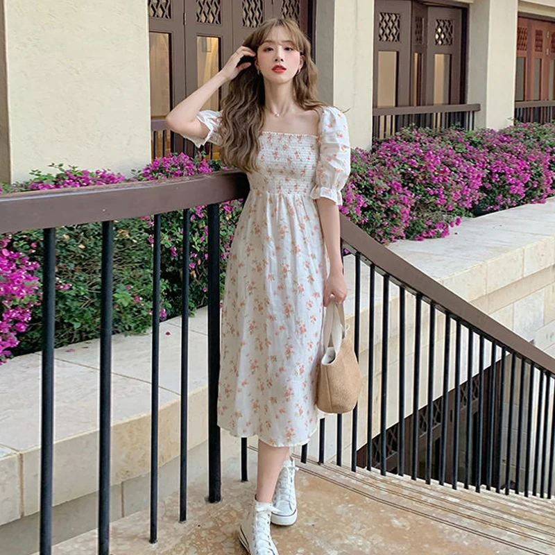 

2021 Korean Style Fairy Elegant Dress Women Floral Sweet Folds High Slit Sexy Short Lantern Sleeve Stylish Cute Girl Sundress