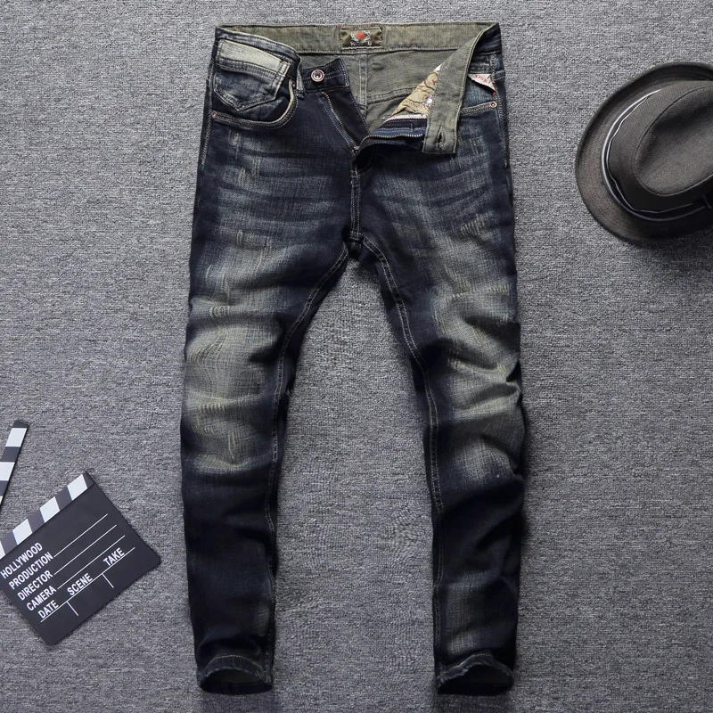 

Italian Vintage Style Fashion Men Jeans Retro Wash Dark Color Slim Fit Classical Jeans Men Ripped Pants Streetwear Hip Hop Jeans