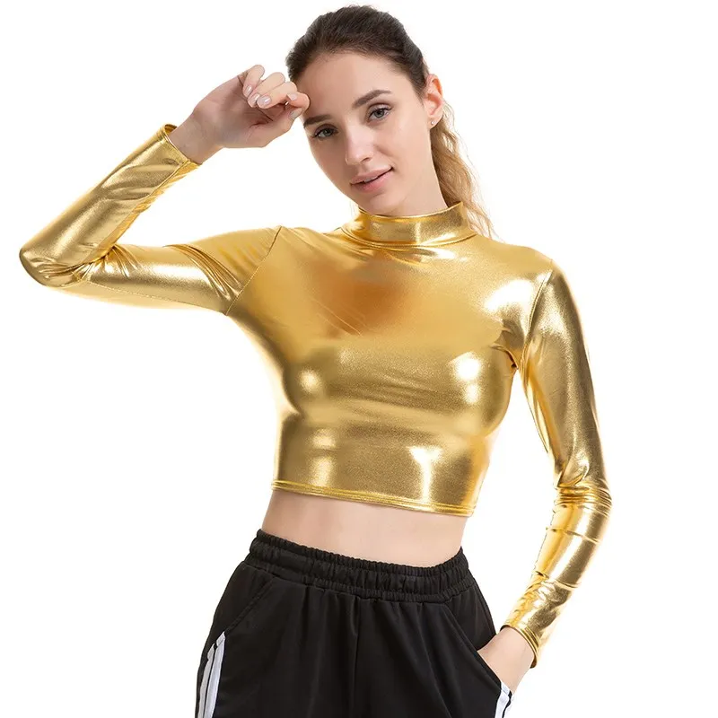

LJCUIYAO Women Shiny Leather Tops High Street Girls Dance Short Costumes T Shirts Clubwear Long Sleeve Tops Tshirt Gold Shirt