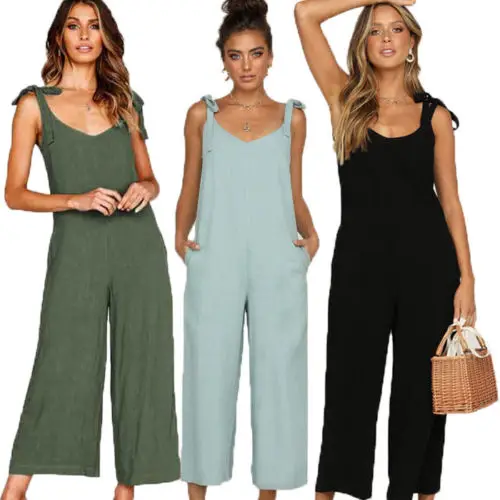 Women Rompers Casual Loose Linen Cotton Jumpsuit Sleeveless Backless Playsuit Trousers Strappy Jumpsuits Autumn Summer New 3