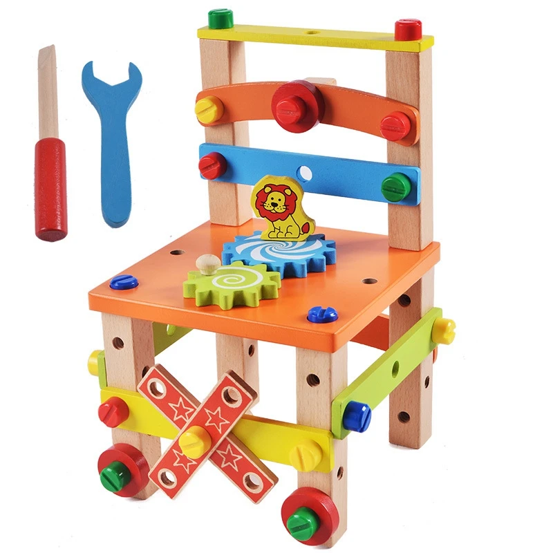 

Wooden Assembling Chair Toys Baby Wooden Toy Preschool Multifunctional Variety Nut Combination Chair Tool