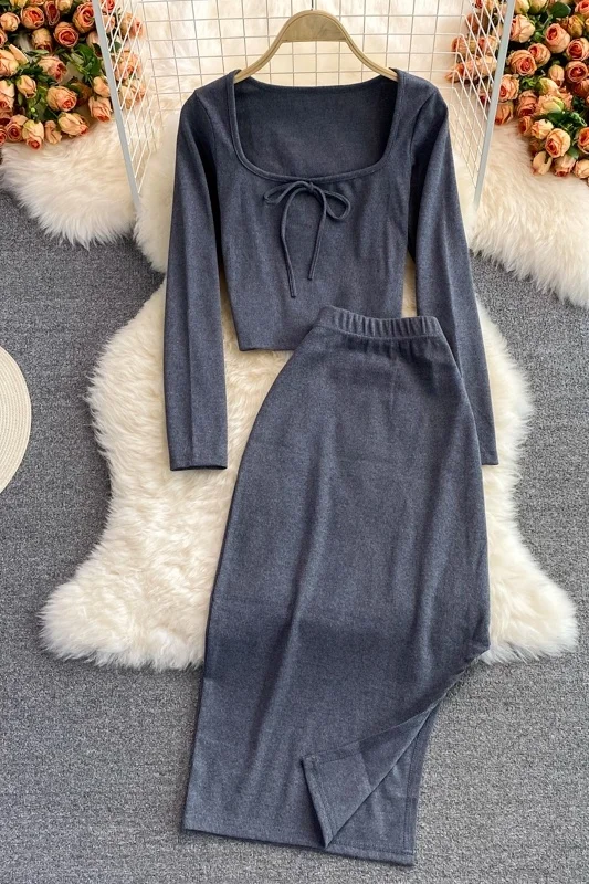 

2021 Autumn Casual Long Skirt Suit Girl New Square Neck Short Top Women's Two-piece Suit High Waist Split Hip Wrap Skirt