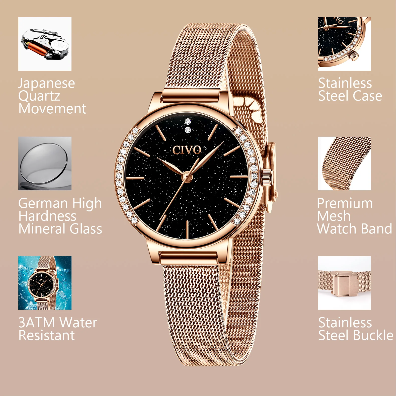 Женские кварцевые часы с сетчатым браслетом водонепроницаемые 8115 | Наручные