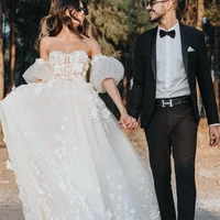 2022 a line wedding dress lace floral appliques boho bridal gowns with removable sleeves illusion summer vestido de novia