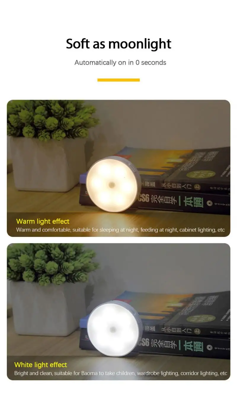 Светодиодный Перезаряжаемые Ночной светильник лампа движения Сенсор