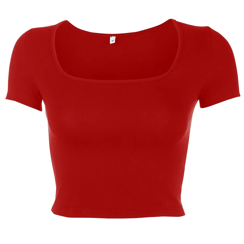 

2020New Women Solid Casual Tshirt Summer Short Sleeve Slim U-neck Fashion Cropped Top Ladies Streetwear Basic Tee