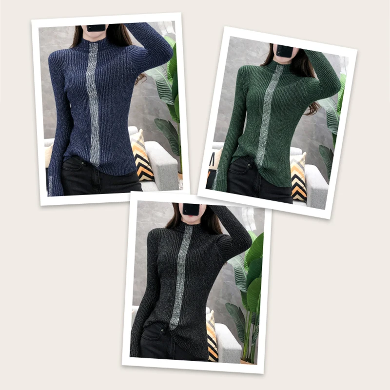 

Women's Thick Half Turtleneck Diamond Sweater, Warm Shiny Silk Top, Korean Style, Fall Winter