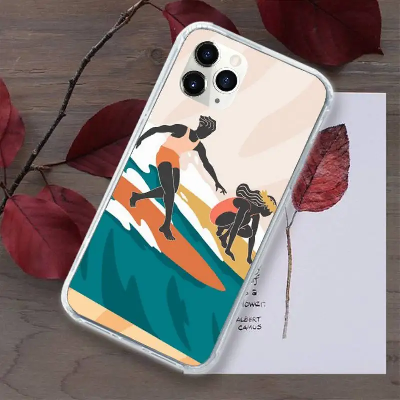 

surfing art surf Girl cartoon Phone Case Transparent for iPhone 11 12 mini pro XS MAX 8 7 6 6S Plus X 5S SE 2020 XR
