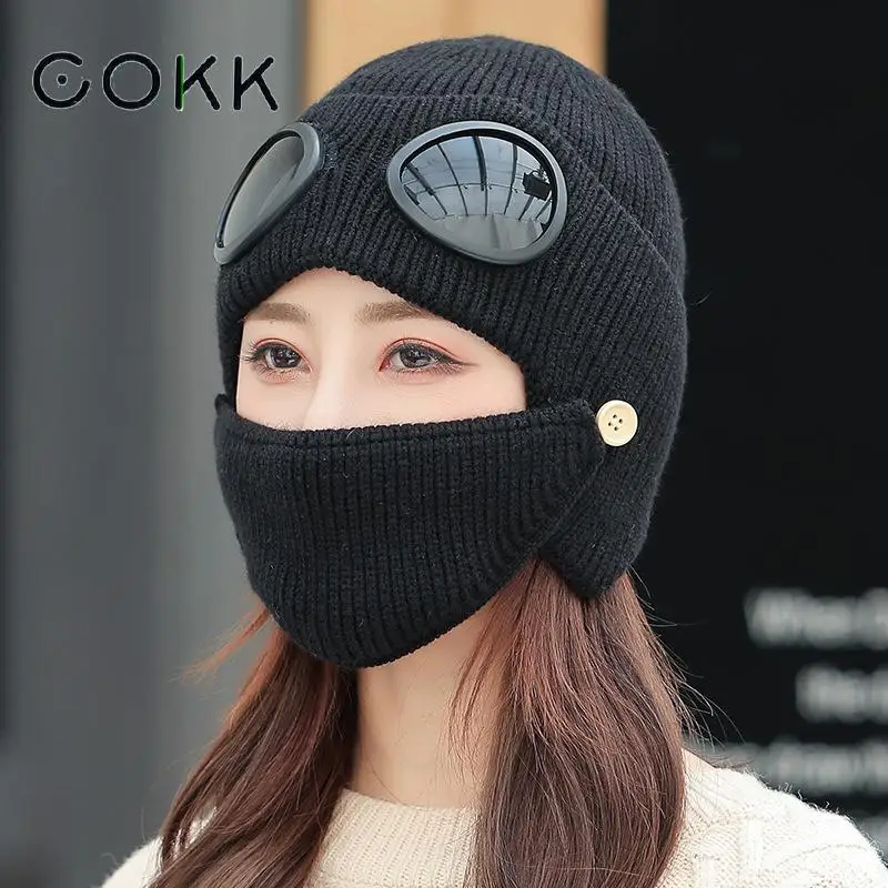 

COKK Winter Hats For Women Men Unisex Girls Boys Ear Flaps Protect Beanie with Glasses Knitted Cap Casual Ladies Outdoor Thicken