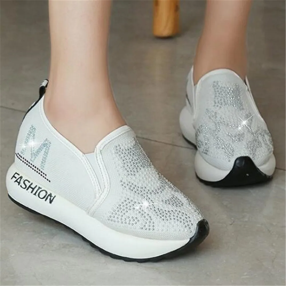 

Vulcanized Shoes Women 2020 Mesh Breathable Shiny Crystal Wedge Platform Shoes Female Loafers Slip on Comfort Footwear Female
