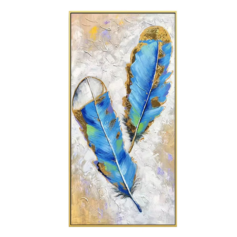 

Wall Art Oil Painting for Bedroom Living Room Home Decor, Painting Blue and Gold Feather