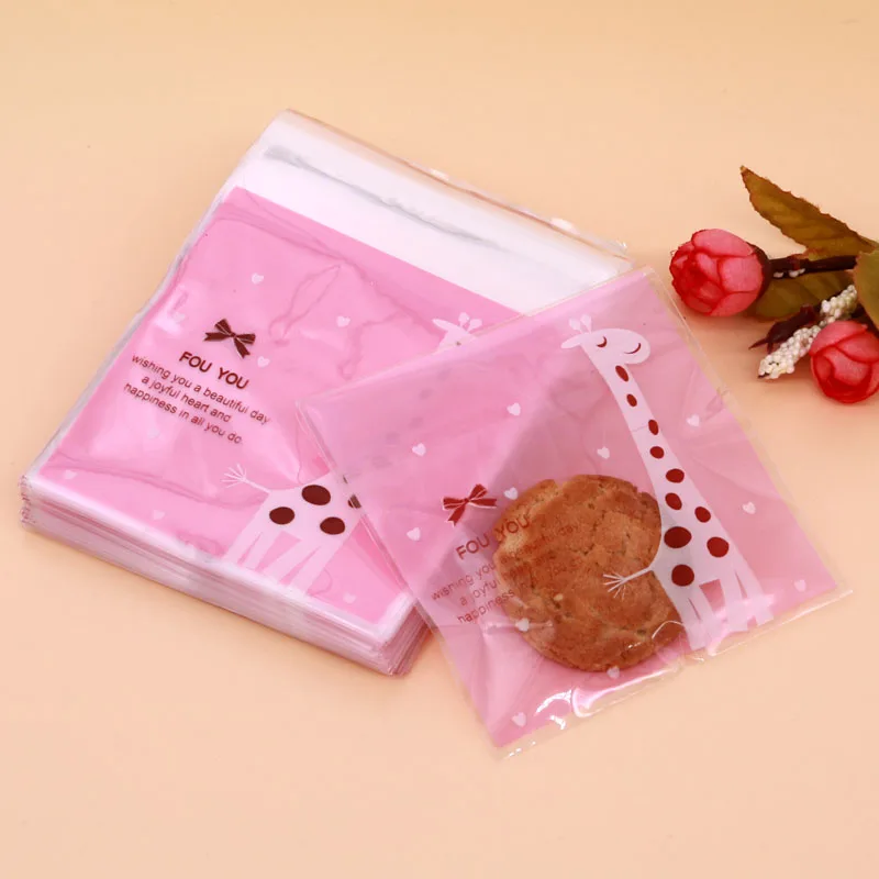 

100Pcs 10*10+3cm Pink Giraffe Cartoon Gifts Bags Wedding Cookie jewelry Packaging Self-adhesive Plastic Bags For Biscuits Cake
