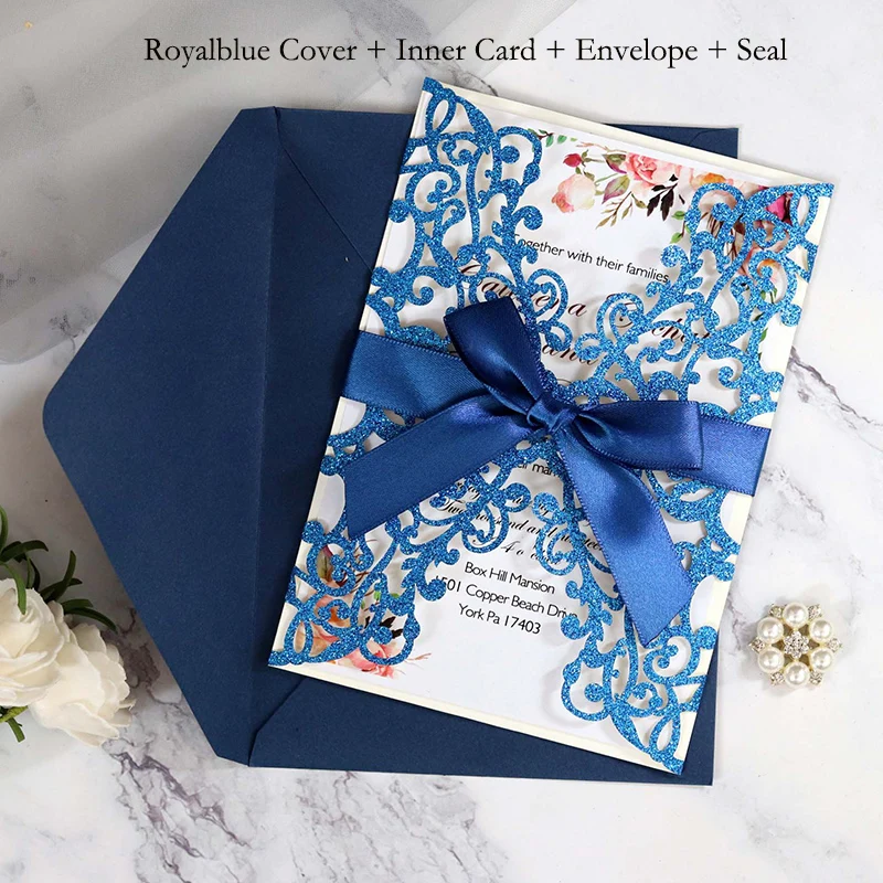 One Royal Set 1 шт. золотисто-синяя Серебристая блестящая бумага лазерная резка свадебные пригласительные открытки с лентой индивидуальный Свадебный декор вечерние принадлежности - Цвет: One Royal Set