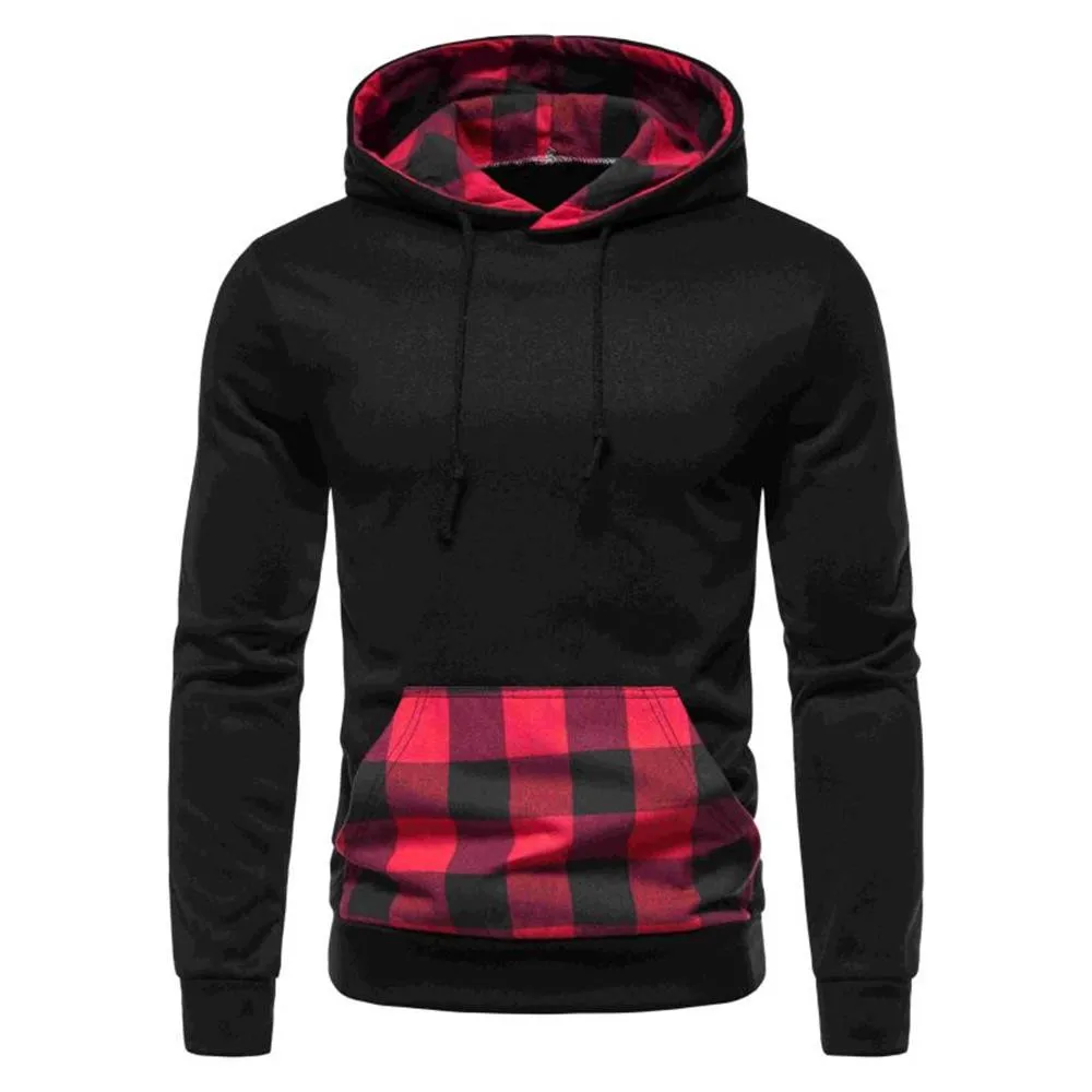 

Plaid Men Sweatshirts Patchwork Contrast Long Sleeve Drawstring Sweatshirt Pullover Crew Neck Shirt Tunic Tops Winter Pullovers