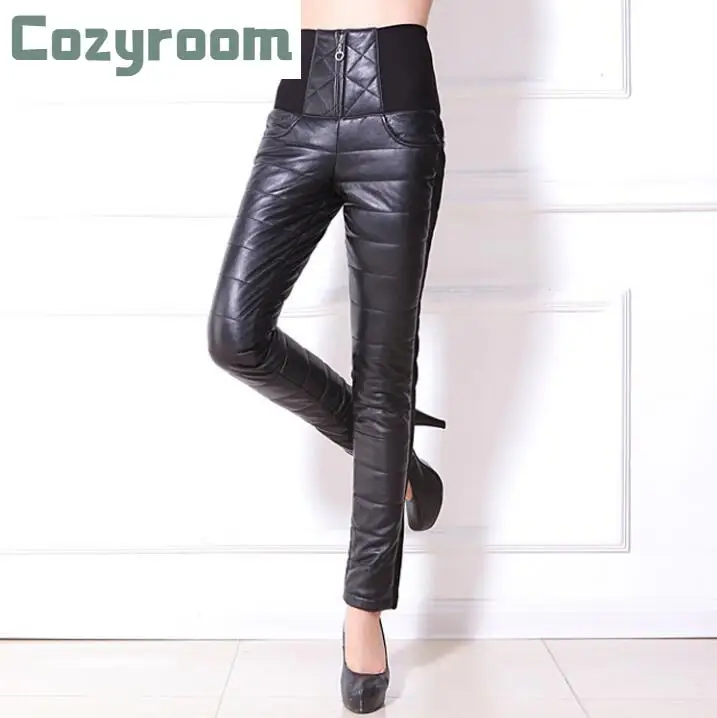 

Women slim sheep skin leather pants trousers Female pencil pants thickening Winter Warm Genuine leather White duck down pants