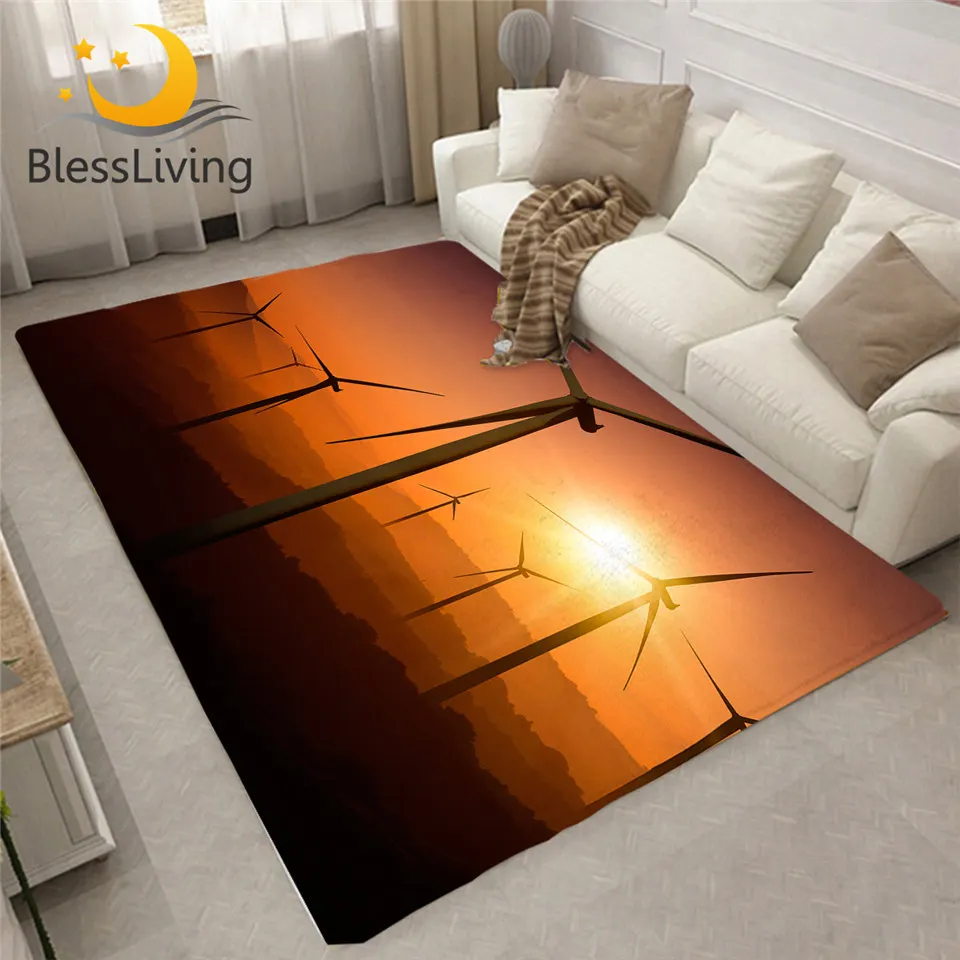 

BlessLiving Windmill Carpet for Living Room Wind Turbines Floor Mat Sunset Scenery Area Rug 3D Print Sunrise Natural Tapis Salon