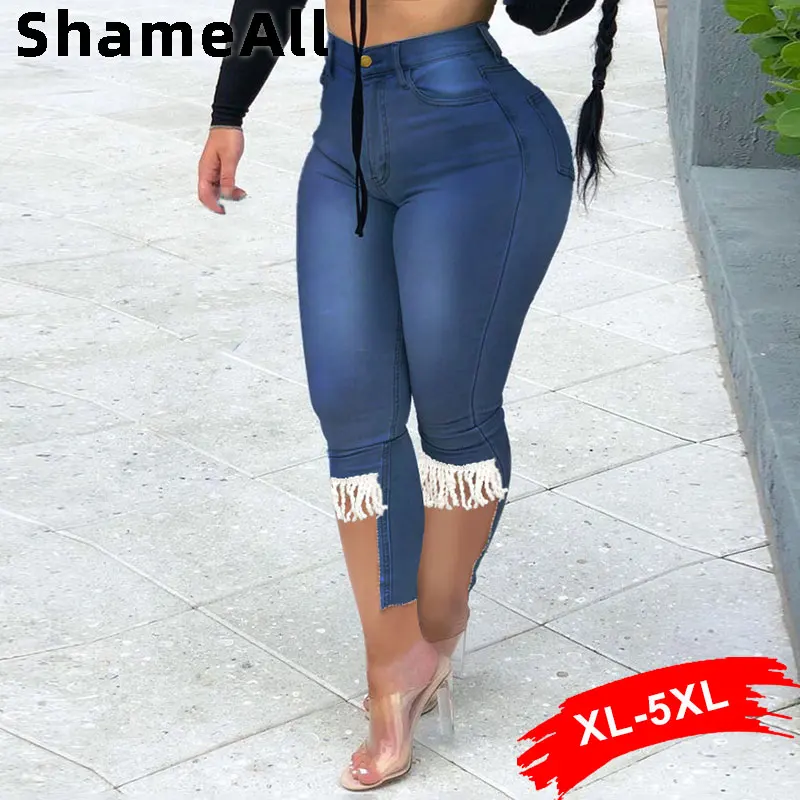 

Plus Size Tassel Patchwork Vintage Stretchy Skinny Knee Length Distressed Mom Jeans Breeches Denim Jeggings Pant Leggings Capris
