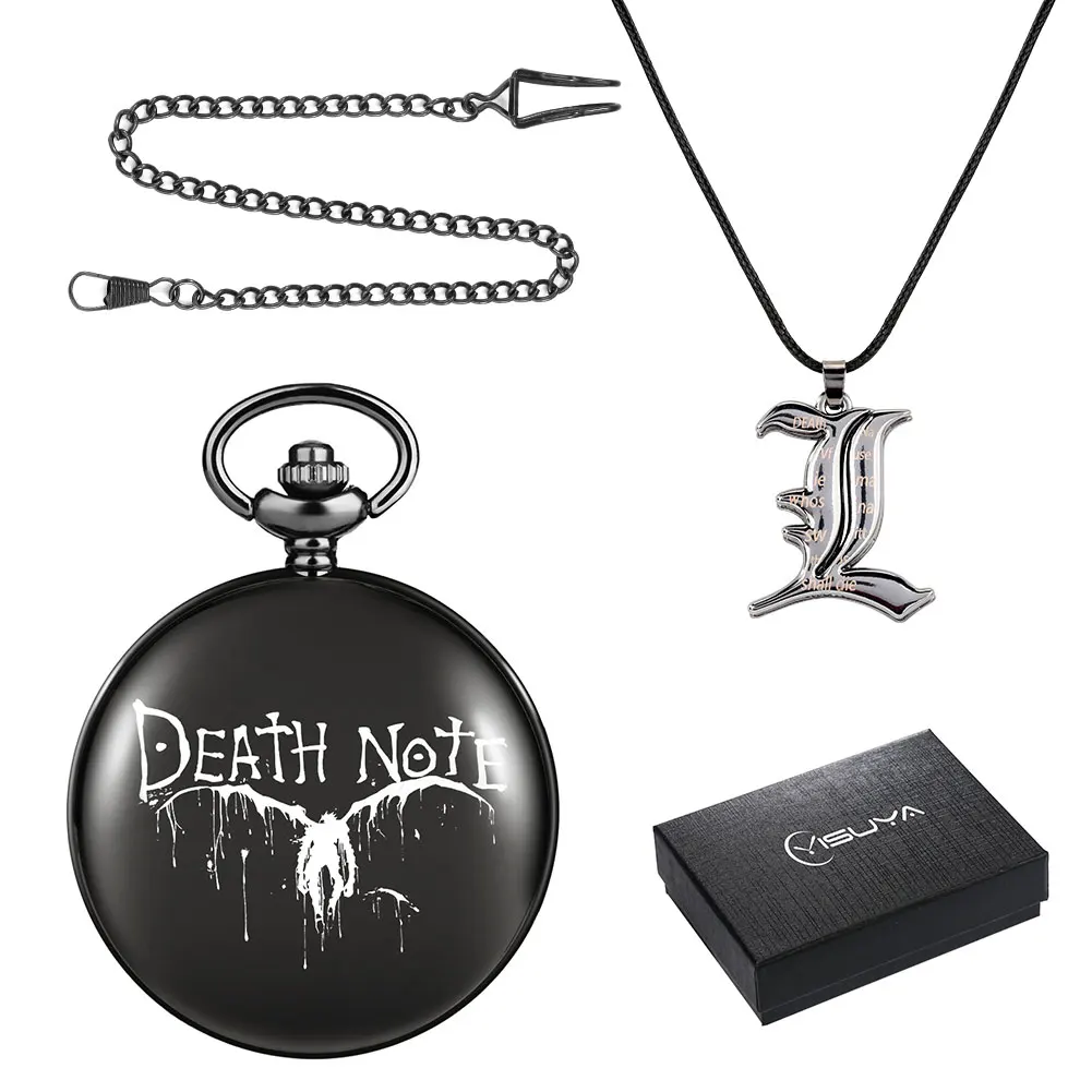 Black Classic Pocket Watch Set Man Quartz Clock Pendants Exquisite Men's Necklace Accessories Birthday Gift Box for Boyfriend