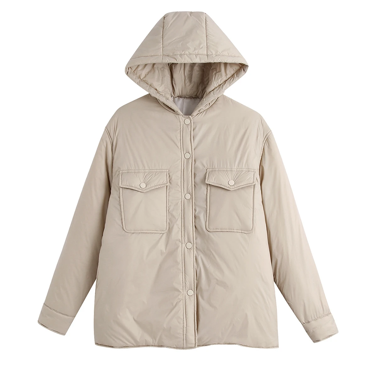 

KRSB winter women's beige hooded single-breasted pocket long-sleeved quilted cotton jacket casual warm and comfortable street