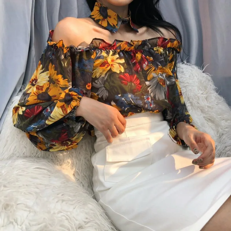 

New Sexy Slash Neck Off Shoulder Blouse Women 2021 Spring Summer Flower Shirts Long Sleeve Blusas Vintage Lady Tops