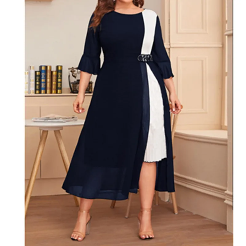 

Женское платье контрастных цветов, Белое и черное Элегантное повседневное платье с рукавом три четверти, длинные платья, лето 2022
