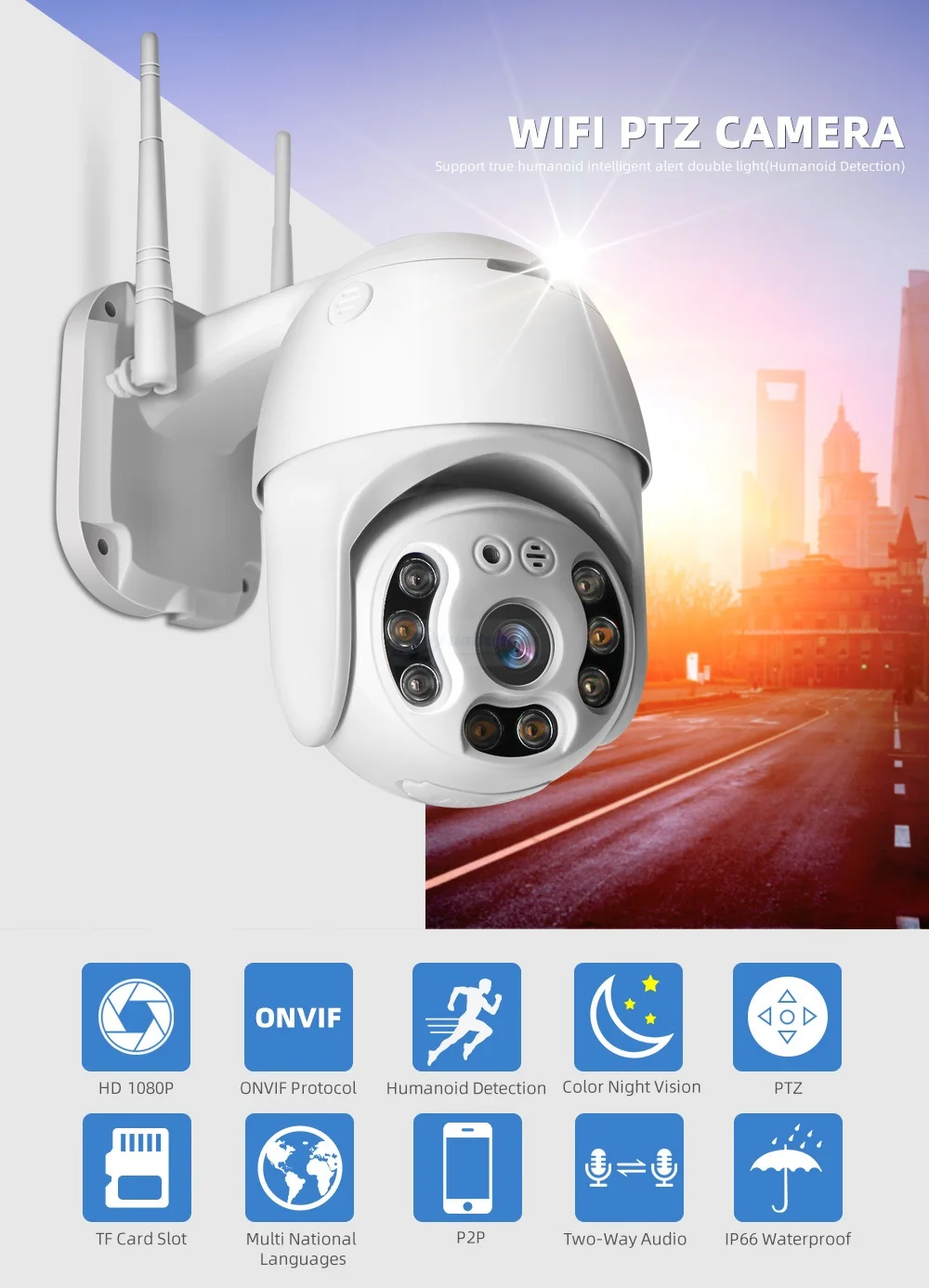 Беспроводной WI-FI PTZ IP Камера на открытом воздухе 1080P гуманоид обнаружения купол Камера ONVIF 2-полосная аудио ИК возможностью погружения на глубину до 30 м полный Цвет Ночное видение iCsee