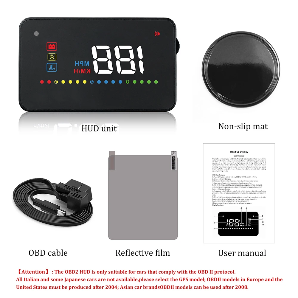 

BREDU A200 Car Universal Head-Up Display Speedometer Alarm OBD2 Temperature Water Projection On The Windshield For Car HUD Warn