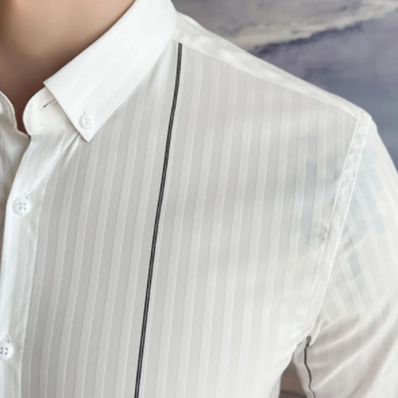 Рубашка мужская с длинными рукавами брендовая сорочка из хлопка и льна в полоску