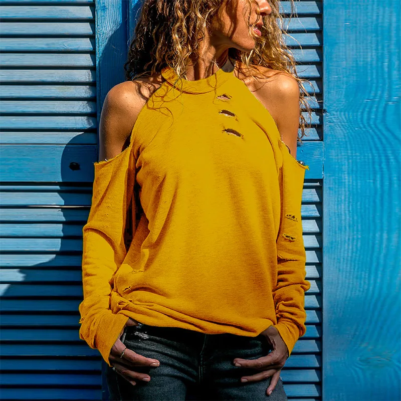 

NEW Autumn Winter Ladies Casual Holes Off Shoulder Solid Color Shirt Women Fashion Pullover Long Sleeve Blouse