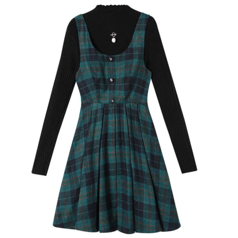 

Two-piece 2021 Autumn and Winter High-neck Bottoming Sweater Plaid Vest Dress Knit Solid Top + Suspender Short Pleated Dresses