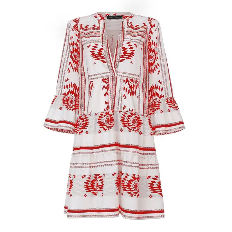 Красный ZANZEA богемное женское платье в стиле пэчворк с принтом мини Vestidos женские летние пляжные платья для вечеринок сексуальное открытое платье с v-образным вырезом размера плюс 5XL - Цвет: Красный