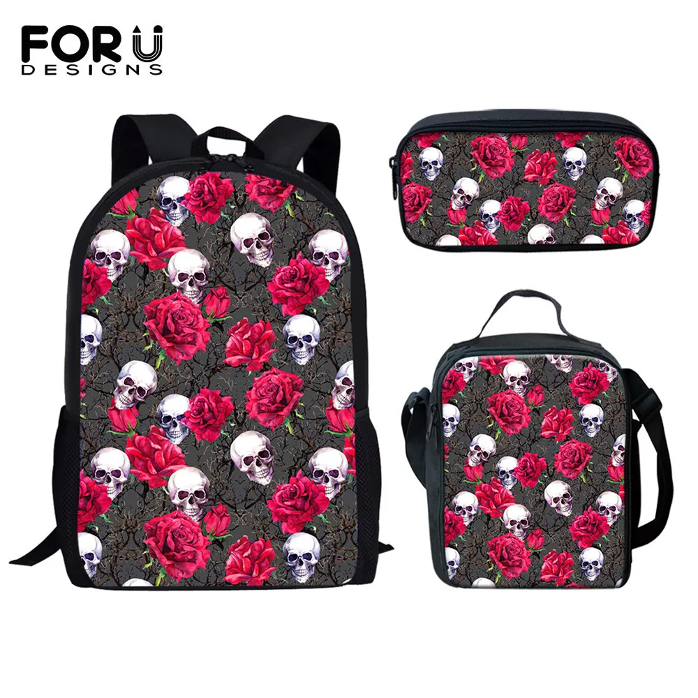 

FORUDESIGNS/череп с розой Цветочный принт 3 шт. школьные сумки Прочный Школьный Рюкзак для книг, рюкзак для подростков для девочек Mochila