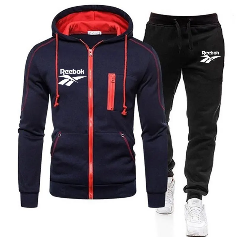 

2021 Tracksuit Men 2 Pieces Set Sweatshirt + Sweatpants Sportswear Zipper Hoodies Casual Mens Clothing Size S-3XL