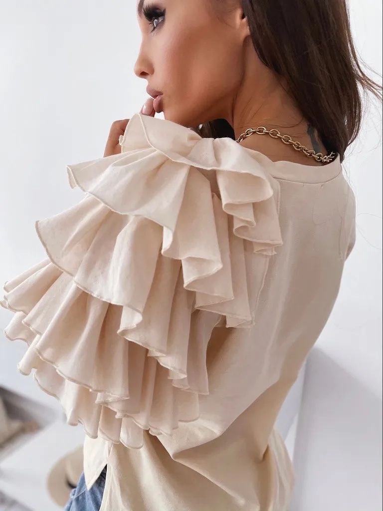 

Fashion 2021 Ruffle Summer T-shirt Korean Women's Street Wear Casual Round Neck Short Sleeve Top Ladies T-shirt Clothes Women