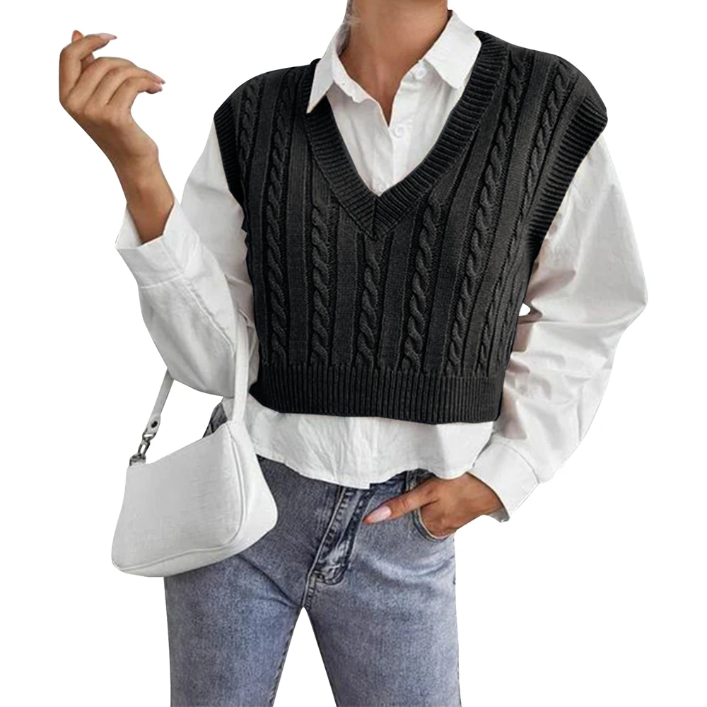 

2021 Autumn New Ladies V-Neck Pin Vest Solid Color Twisted College Style Sleeveless Knitted Vest