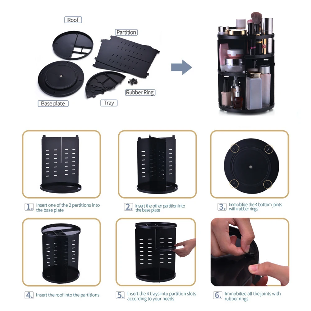 

Rotating Makeup Organizer 360 Degree Spinning Storage Holder Rack Vanity Shelf Large Capacity Black For Bathroom Christmas Gifts