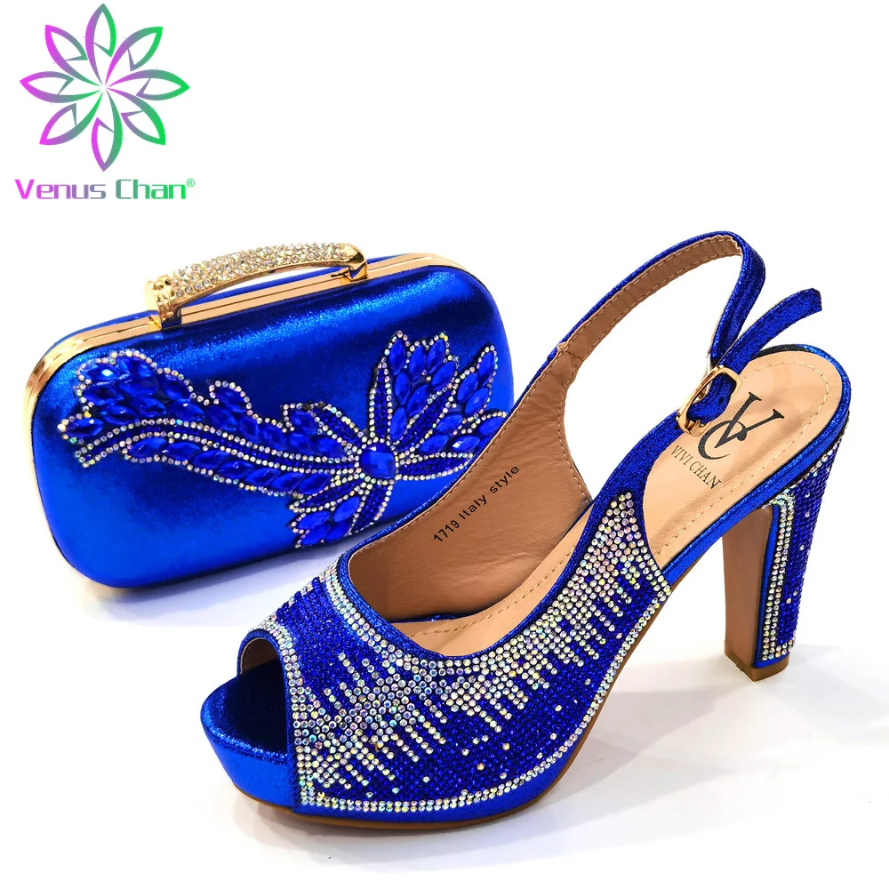 

2021 Special Design High Quality Pointed Toe Pumps Matching Hand Bag in Blue Color Appliques African Shoes for Wedding