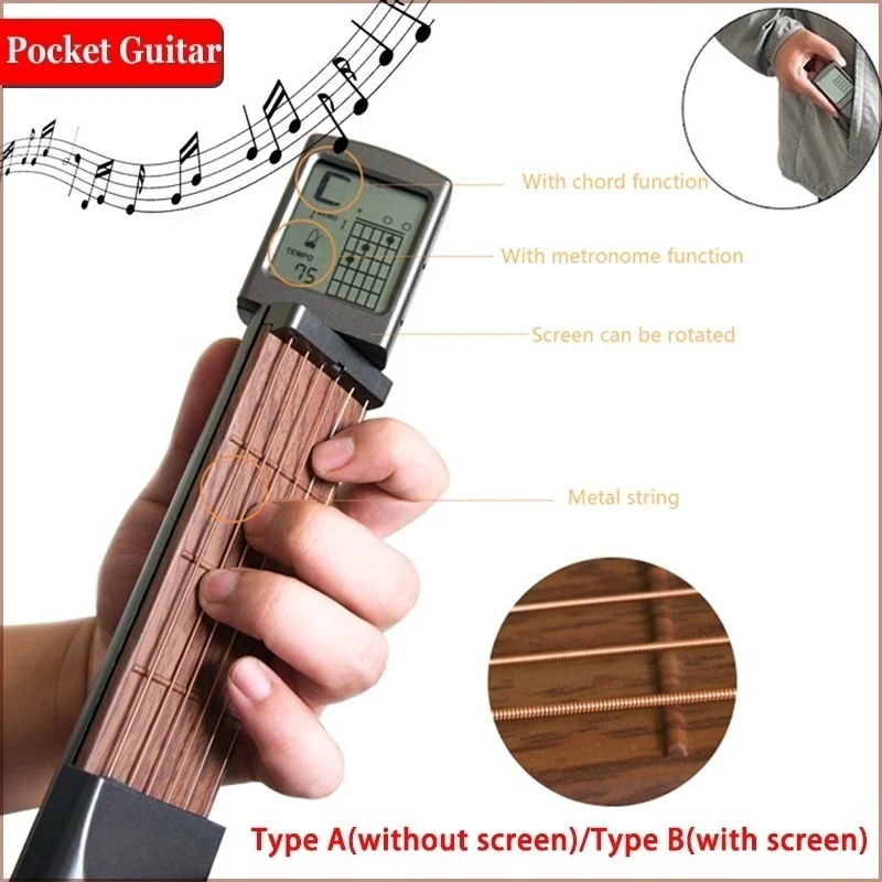 

Portable 6-Tone Pocket Guitar Chord Trainer Practice Tool Can Rotate Chord Diagram Screen Guitar Finger Trainer for Beginners