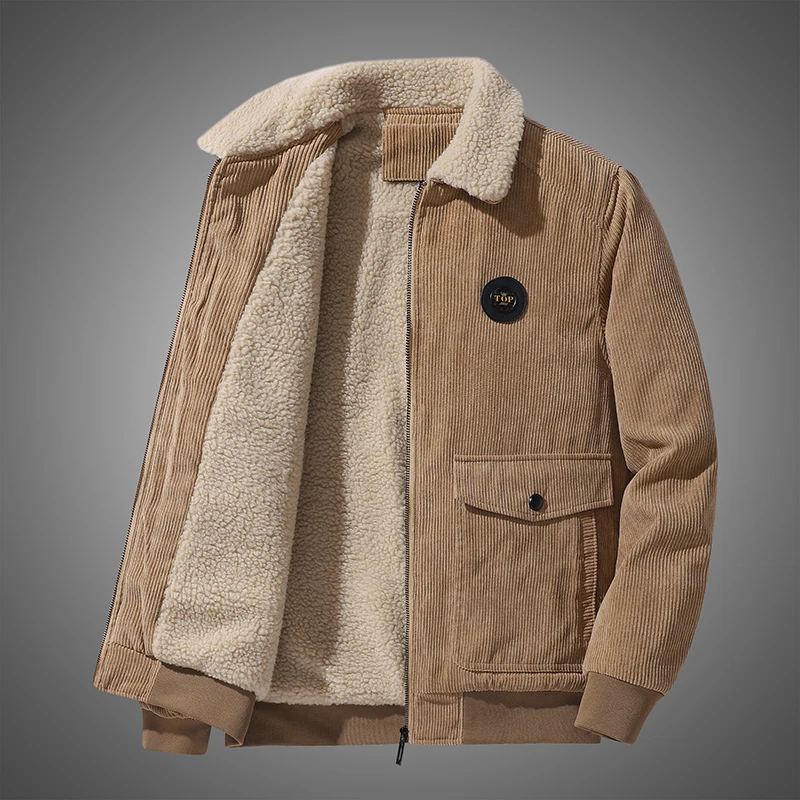 Men corduroy cotton-padded jacket fleece thickened lamb wool winter coat loose cotton-padded jacket windproof warm streetwear