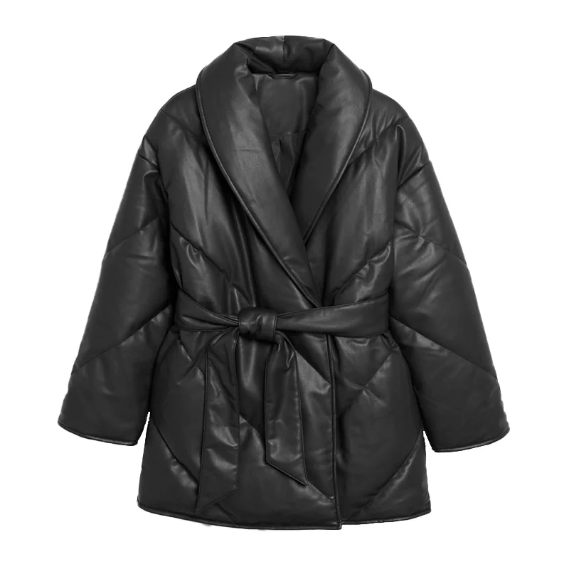 

Malina Autumn Winter Parkas Women Fashion Loose Solid PU Leather Coats Women Elegant Tie Belt Cotton Jackets Female Ladies