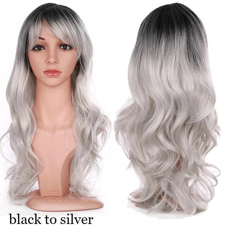black to silver S-noilite синтетические парики Омбре красный розовый фиолетовый зеленый парик длинные волнистые волосы парики косплей парик термостойкие волосы для женщин поддельные волосы - Цвет: black to silver