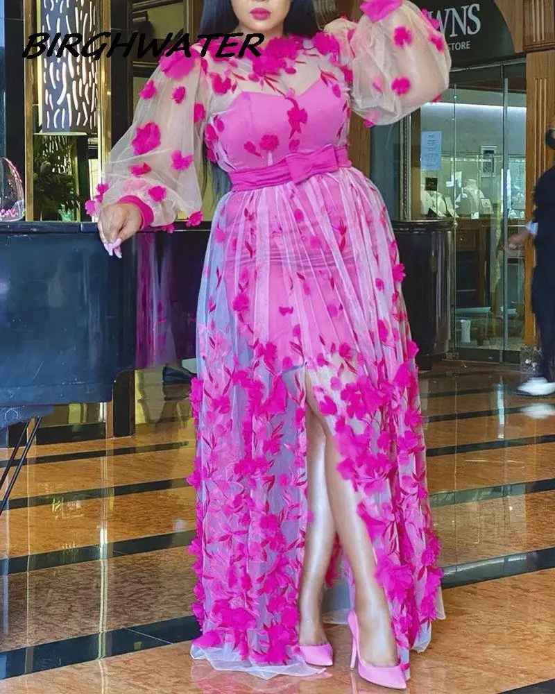 

Женское платье, новинка весны 2021, модное длинное платье в стиле High Street, платье с длинным рукавом и круглым вырезом, кружевное платье до пола с...