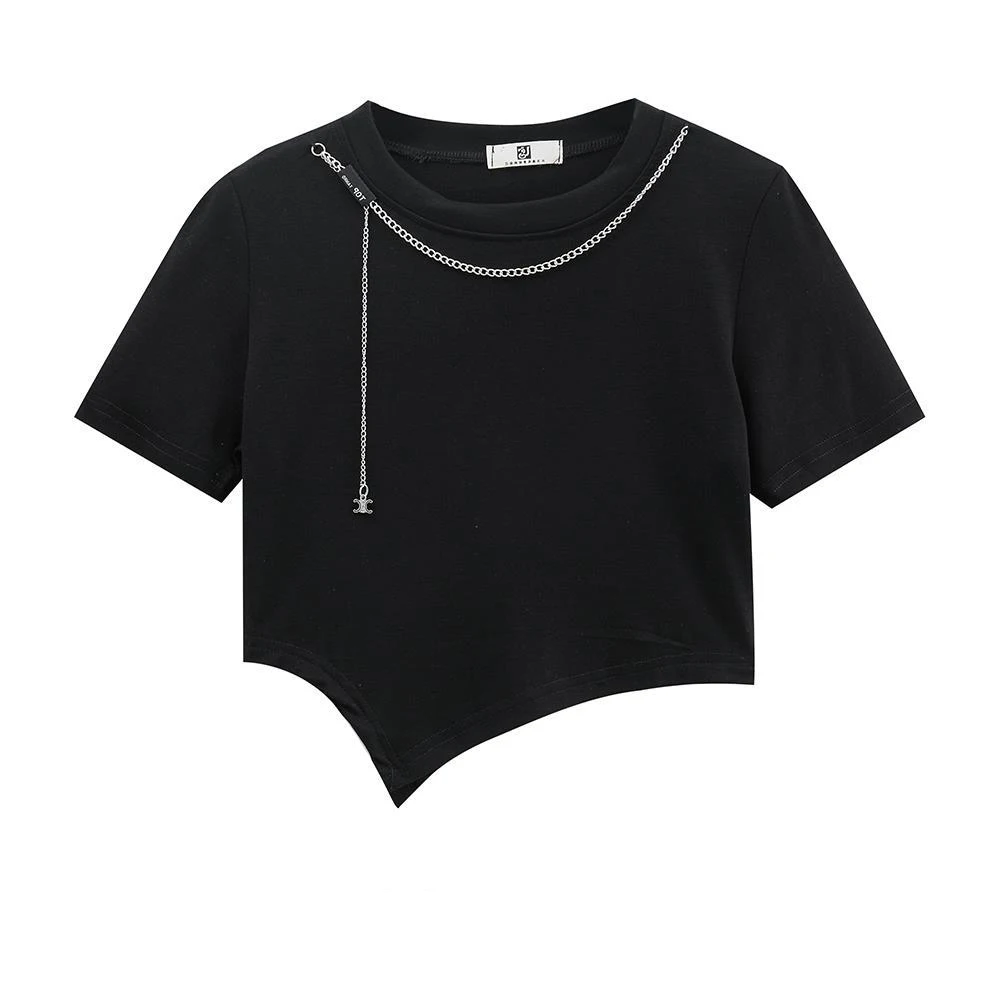 

White Short Sleeve T-shirt Women's Summer Sweet And Spicy Design Minority Irregular Navel Exposed 2021 New Chain Short Top Wn*