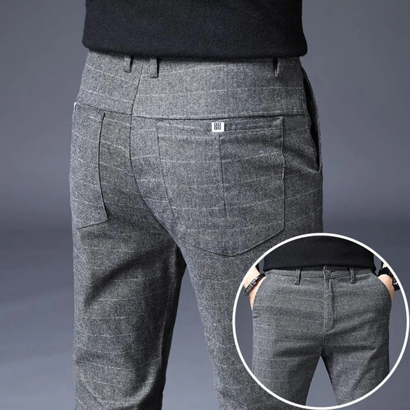 

2021 Men's Stripe Casual Pants Mens Four Seasons High Quality Business Trousers Men's Straight Harem Pants