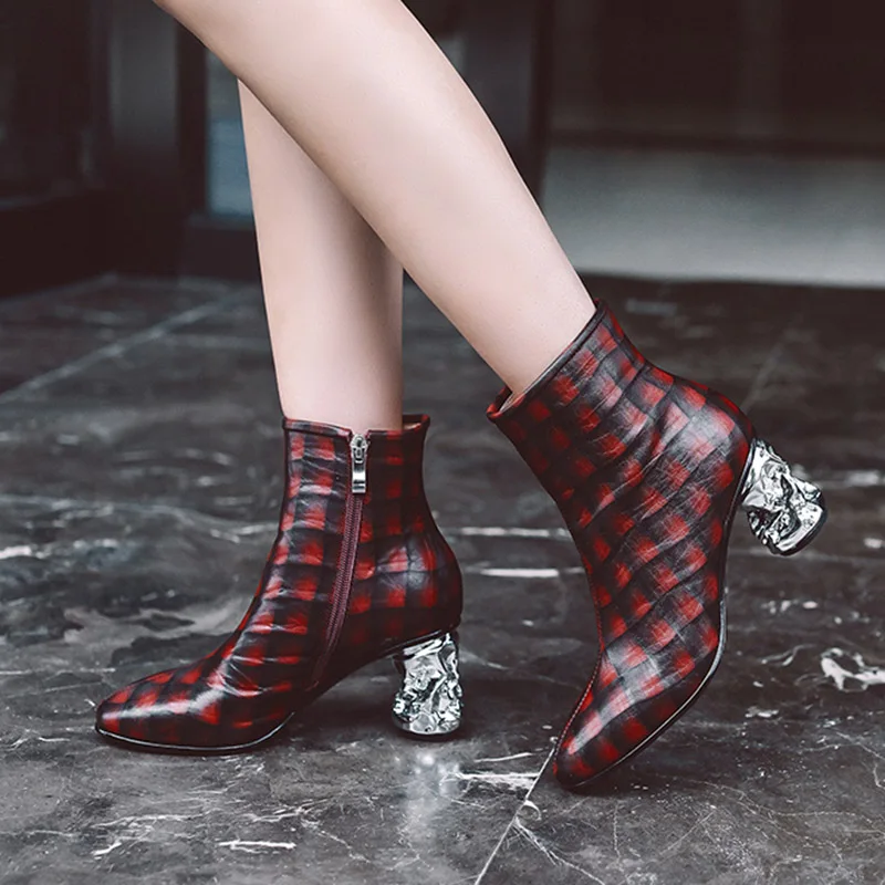 Phoentin/женские ботинки из овечьей кожи в мелкую клетку обувь на высоком каблуке с