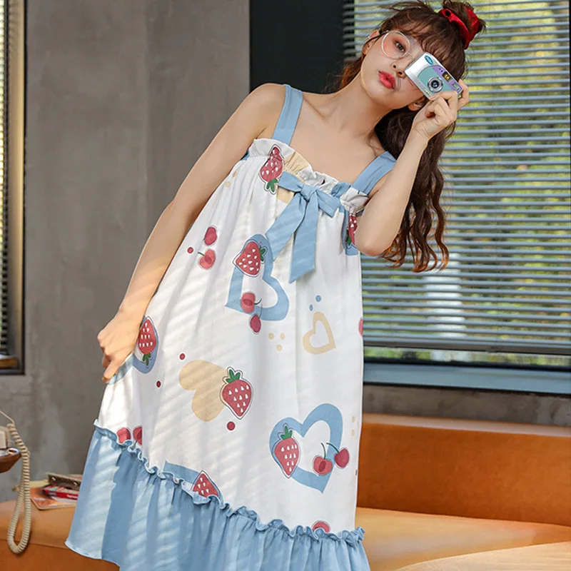 

Summer Women's Homedress Nightdress Girl's Sleepwear Cotton Braces Sleepshirts Long Loose Dress Home Clothing Fashion Nightgowns