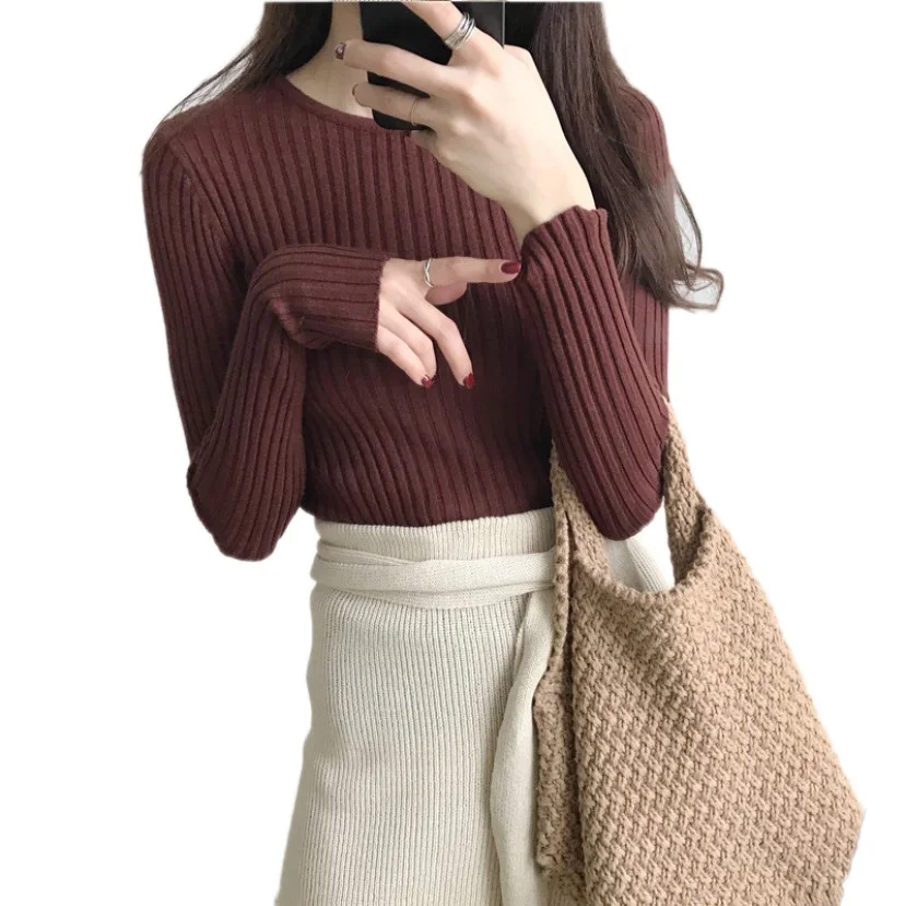 

All Match Women Warm Sweater Solid Color Long Sleeve O Neck Ribbed Autumn Winter Female Fashion Jumper Basic Soft Knitted Tops